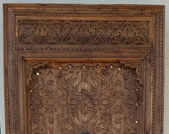 Unique Indoor wooden vintage moroccan door handmade with metal knocker and umberella nail heads moorish andalusian spanish geometric carving