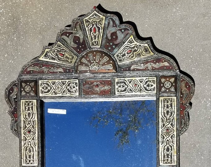 Unique Vintage handmade silver camel inlay bone mirror living room or bedroom or bathroom furniture moroccan one of a kind collection mirror