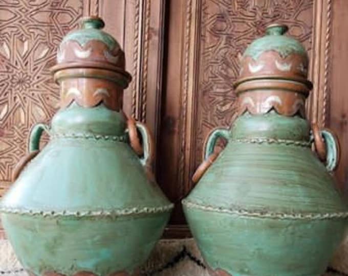 Two Vintage green moroccan berber brass vases handmade pottery collection home decor living room bedroom mediterranean ethnic nomad pottery