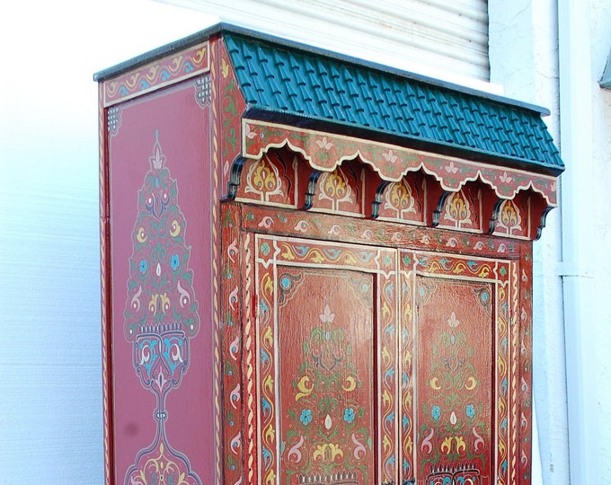 Large Vintage moroccan Hand painted red armoire moorish  bedroom furniture Mediterranean living room home decor Arabian middle eastern decor