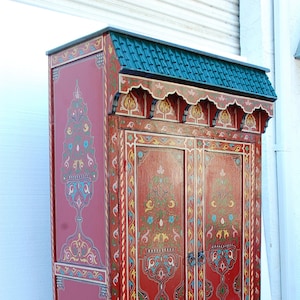 Large Vintage moroccan Hand painted red armoire moorish  bedroom furniture Mediterranean living room home decor Arabian middle eastern decor