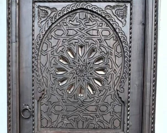 Dark brown Moorish riad door geometric hand carved interior door good for your bedroom or living room moroccan architectural wood work piece