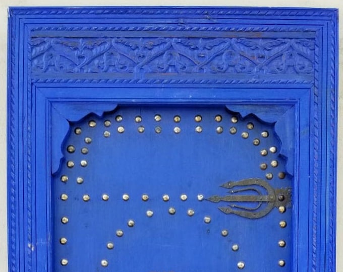 Vintage cedar Nomad blue door handmade in morocco with metal knocker architecture moorish piece great for bedroom as an indoor home decor