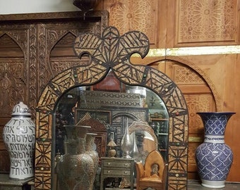 A unique conversation piece moroccan unique Vintage handmade inlay orange camel bone mirror your living room bedroom nomad touareg mirror