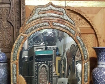 A unique conversation piece moroccan unique Vintage handmade inlay orange inlay bone silver metal mirror for living room bedroom wall mirror