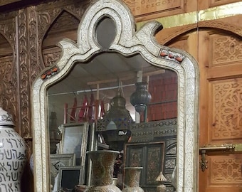 A unique 75.5 by 40" conversation piece moroccan Vintage mirror handmade inlay white bone silver metal mirror living room bedroom mirror