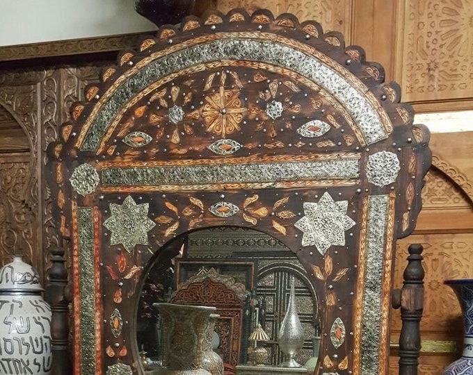 A unique conversation piece moroccan unique Vintage handmade inlay orange camel bone mirror your living room bedroom nomad touareg mirror