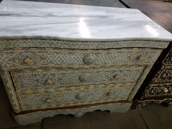Vintage White Shell Syrian Mother Of Pearl Dresser Cabinet For Etsy