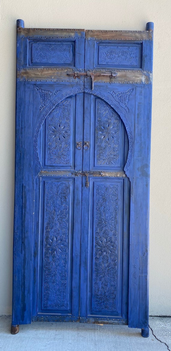 Handmade Moroccan Blue Double Door: Vintage Moorish Cedar Artwork