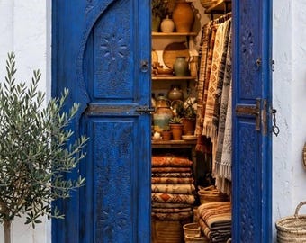 Handmade Moroccan Blue Double Door: Vintage Moorish Cedar Artwork