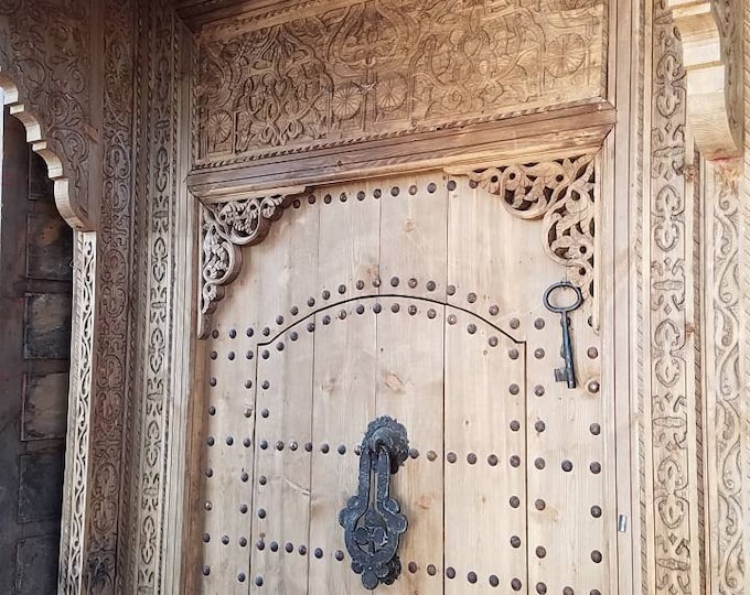 Exquisite Moorish extra large palace door carved indoor outdoor moroccan wooden gate with metal knockers & metal head nails with wood work