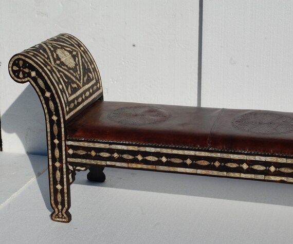 Vintage Unique Moroccan Inlay White Bone and Upholstered Leather