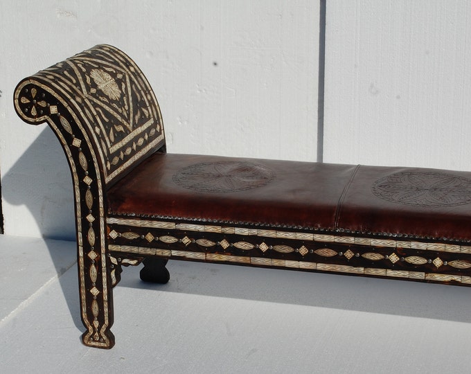 Vintage unique moroccan inlay white bone and upholstered leather bench, furniture sofa for bedroom, living room one of a kind home decor