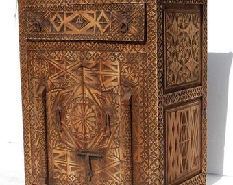 One of a kind handmade african carved wooden cabinet vintage cedar ethnic dresser for moroccan bedroom or living room