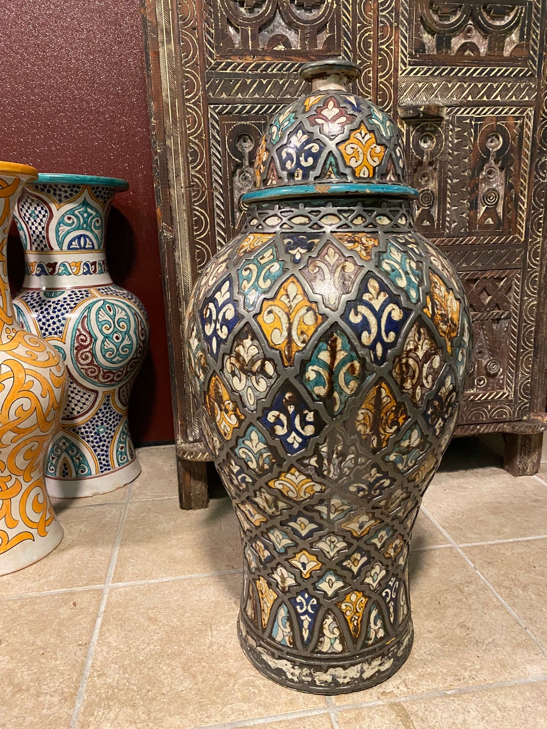 19世紀Antique Moroccan ceramic vase Vintage Moroccan Vase With Lid, Handmade Pottery, Metal Accents