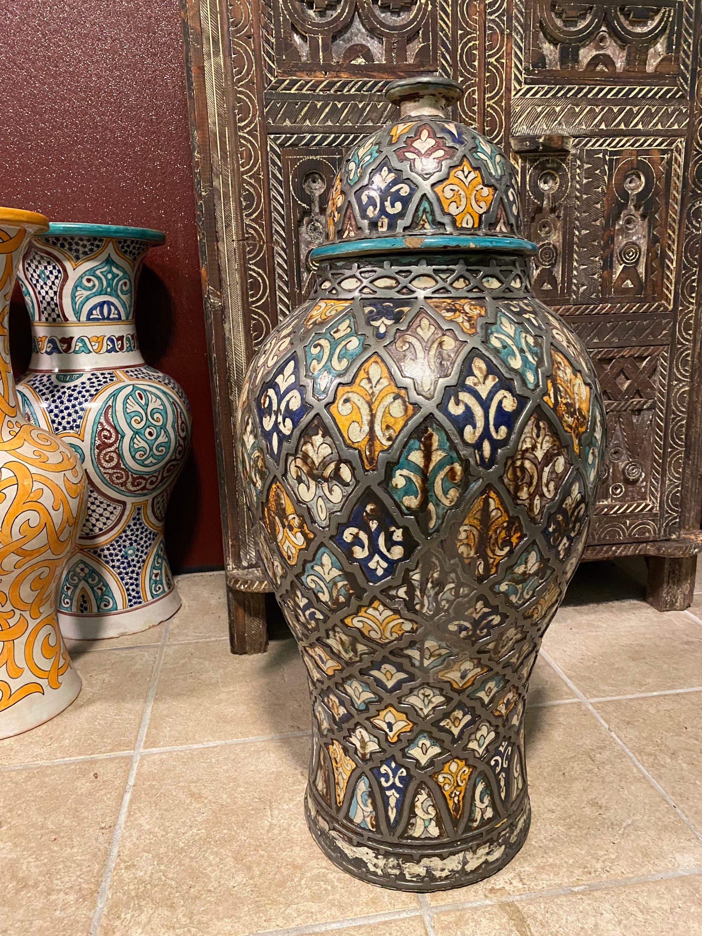 Vintage Moroccan Vase With Lid, Handmade Pottery, Metal Accents