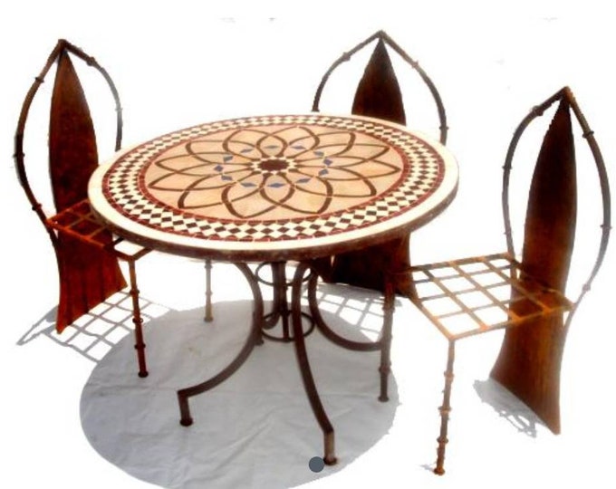 Beige outdoor moroccan mosaic tile table handmade and chiseled glazed clay table with rustic wrought base patio swimming pool area table