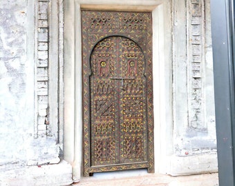 African Vintage painted touareg carved moroccan one of a kind old double door panel bathroom or bedroom door tribal artwork