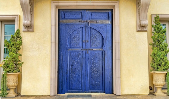 Handmade Moroccan Blue Double Door: Vintage Moorish Cedar Artwork