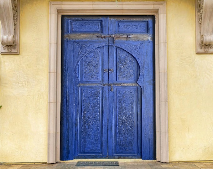 Andalusian blue vintage moroccan riad bedroom double door handmade indoor harem wall decor door wooden artwork middle eastern door