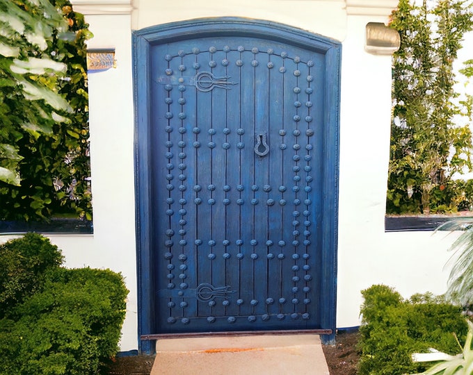 Vintage blue exterior moroccan door handmade interior riad bedroom door with metal knocker and umberella nail heads