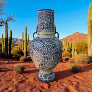 May include: A large, ornate ceramic vase with a blue and white geometric pattern. The vase has a wide base, a bulbous body, and a tall, cylindrical neck with two handles. The background features a desert landscape with cacti and mountains.