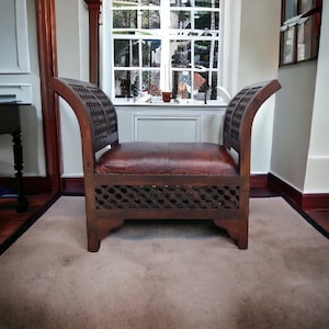 One of a kind vintage Moroccan leather mousharabia wooden chair mousharabia artwork chair for bedroom living room or office