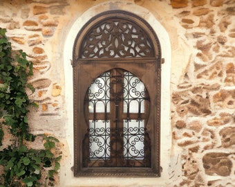 Geometric Arch Vintage moroccan wrought iron filigree window, moorish architecture wall hanging decoration wood work glass window home decor