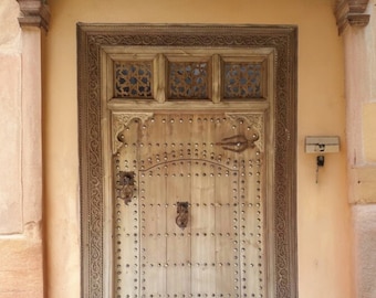 9ft tall Moorish extra large palace door carved indoor outdoor moroccan wooden gate with metal knockers & metal head nails with wood work