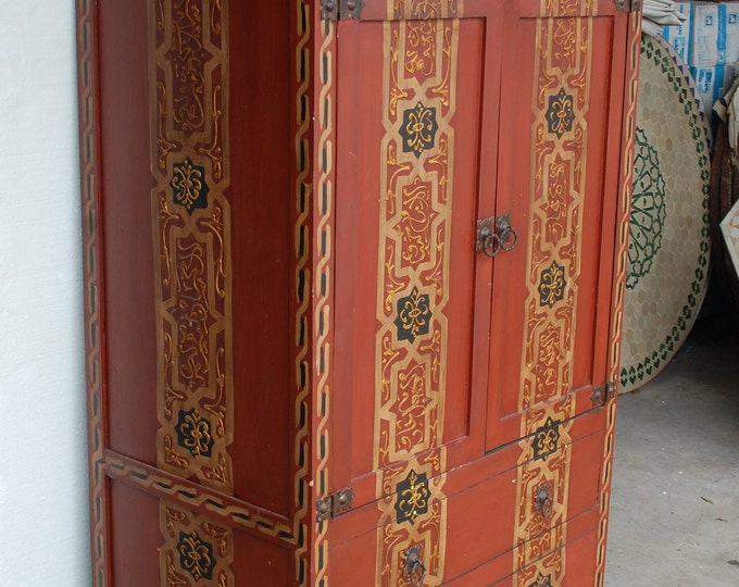 Vintage moroccan Hand painted red armoire moorish  bedroom furniture Mediterranean living room home decor Arabian middle eastern home decor