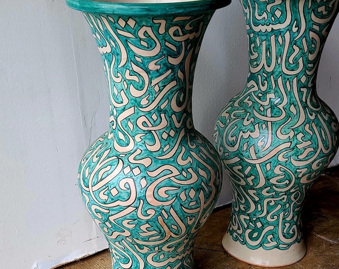 Two Vintage moroccan arabic vase handmade pottery collection piece of home decor mediterranean middle eastern artwork painting