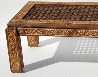 Vintage cedar carved moroccan wooden mousharabia lattice  artwork table for living room or bedroom handmade  ethnic african berber table