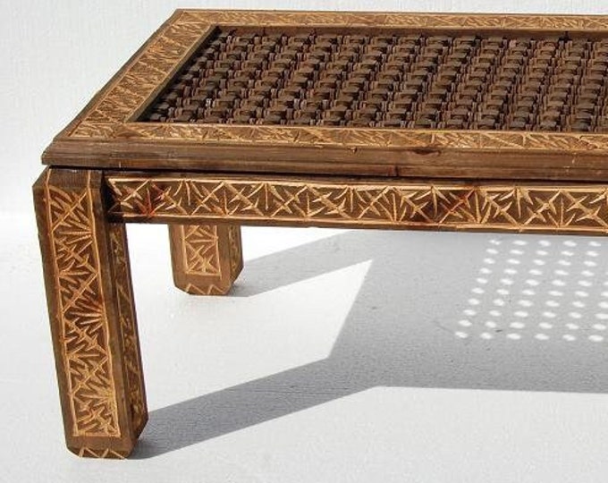 Vintage cedar carved moroccan wooden mousharabia lattice  artwork table for living room or bedroom handmade  ethnic african berber table