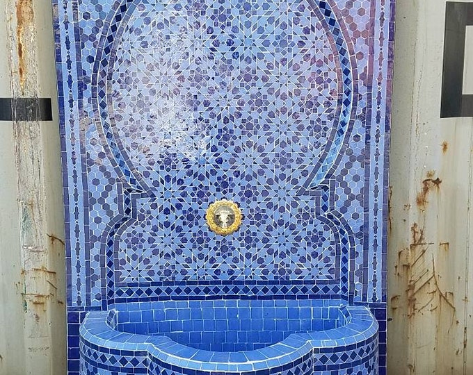Eclectic moorish blue handmade mosaic tile fountain spanish water garden unique moroccan fountain hand cut tile indoor outdoor pool area