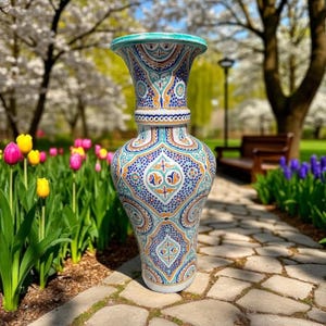 May include: A tall, ornate ceramic vase with a wide mouth and a bulbous body. The vase features a detailed pattern in shades of blue, orange, and turquoise. The vase is standing on a stone path in a garden with colorful flowers and trees in the background.