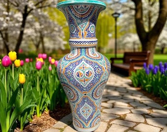 May include: A tall, ornate ceramic vase with a wide mouth and a bulbous body. The vase features a detailed pattern in shades of blue, orange, and turquoise. The vase is standing on a stone path in a garden with colorful flowers and trees in the background.
