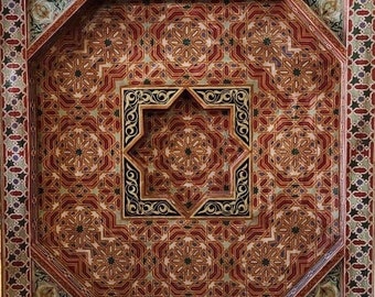 One of a kind Traditional Vintage geometric painted Moroccan wooden ceiling panel living room or bedroom unique architectural star medallion
