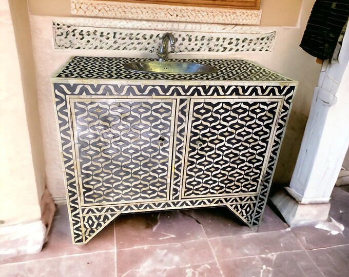 Handmade bone and resin Moroccan bathroom sink vanity cabinet with silver metal vessel sink