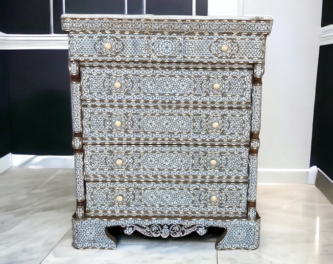 Eclectic Unique Large Vintage White mother of pearl dresser cabinet for bedroom, living room inlaid five shell bone chest of drawers