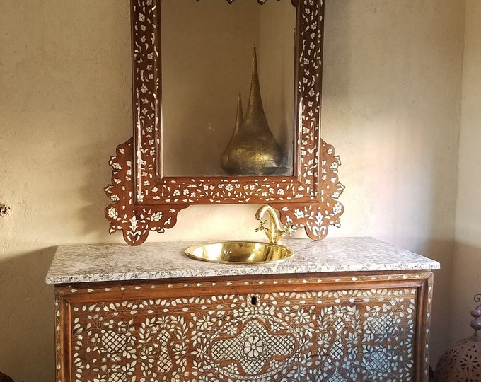 Harem sultan Middle eastern Unique vintage mother of pearl chest with mirror bathroom vanity cabinet with marble top brass faucet vessel