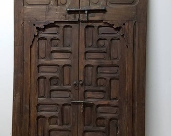 Traditional Vintage geometric carved Large Moroccan double door panel, wood indoor outdoor palace unique moorish andalusian architecture