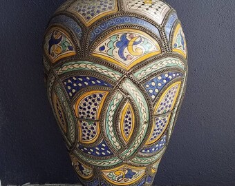 Vintage Hand Carved Moroccan Pottery Vase, Metal Accents - Etsy