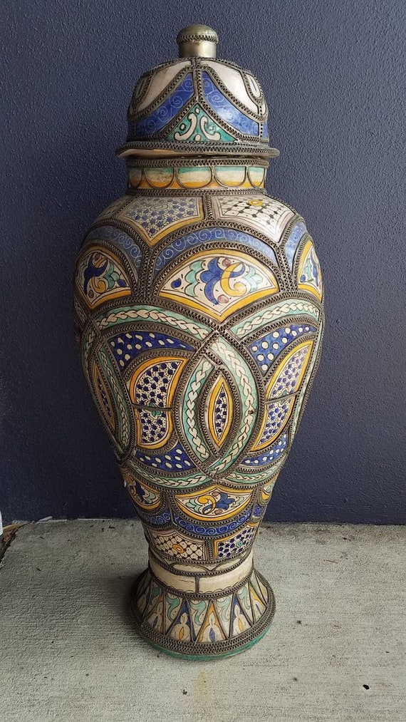 Vintage Hand Carved Moroccan Pottery Vase, Metal Accents - Etsy