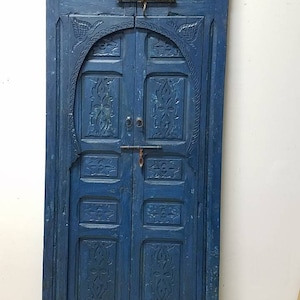Large blue vintage moroccan riad bedroom double door handmade indoor harem wall decor door wooden artwork middle eastern caravanserai door