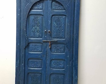 Large blue vintage moroccan riad bedroom double door handmade indoor harem wall decor door wooden artwork middle eastern caravanserai door