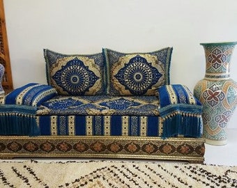 Blue moroccan upholstered golden fabric couch, moroccan furniture  daybed sofa that would add a special tone to your bedroom or living room
