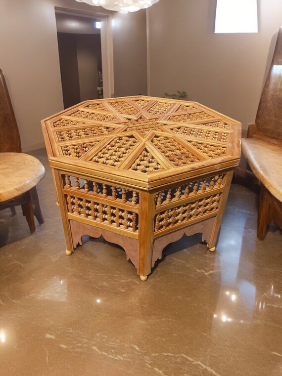 Hand Carved Moroccan Wooden Table With Mousharabia Lattice - Etsy