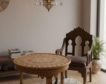 Vintage Thuya Inlay Wooden Table – Handmade Moroccan Living Room Furniture