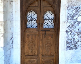 Moroccan Handmade bedroom wrought iron filigree wooden door, moorish bathroom metal ethnic carved arch door