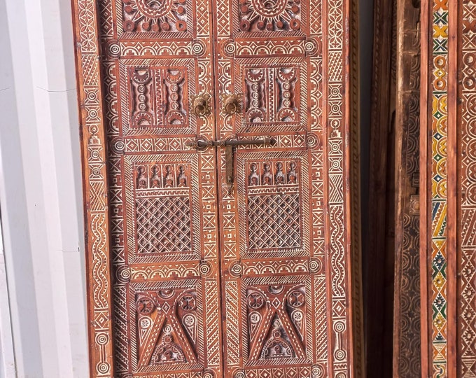 Moroccan Vintage touareg nomad african one of a kind old double door panel bathroom or bedroom door tribal wardrobe or closet wooden door